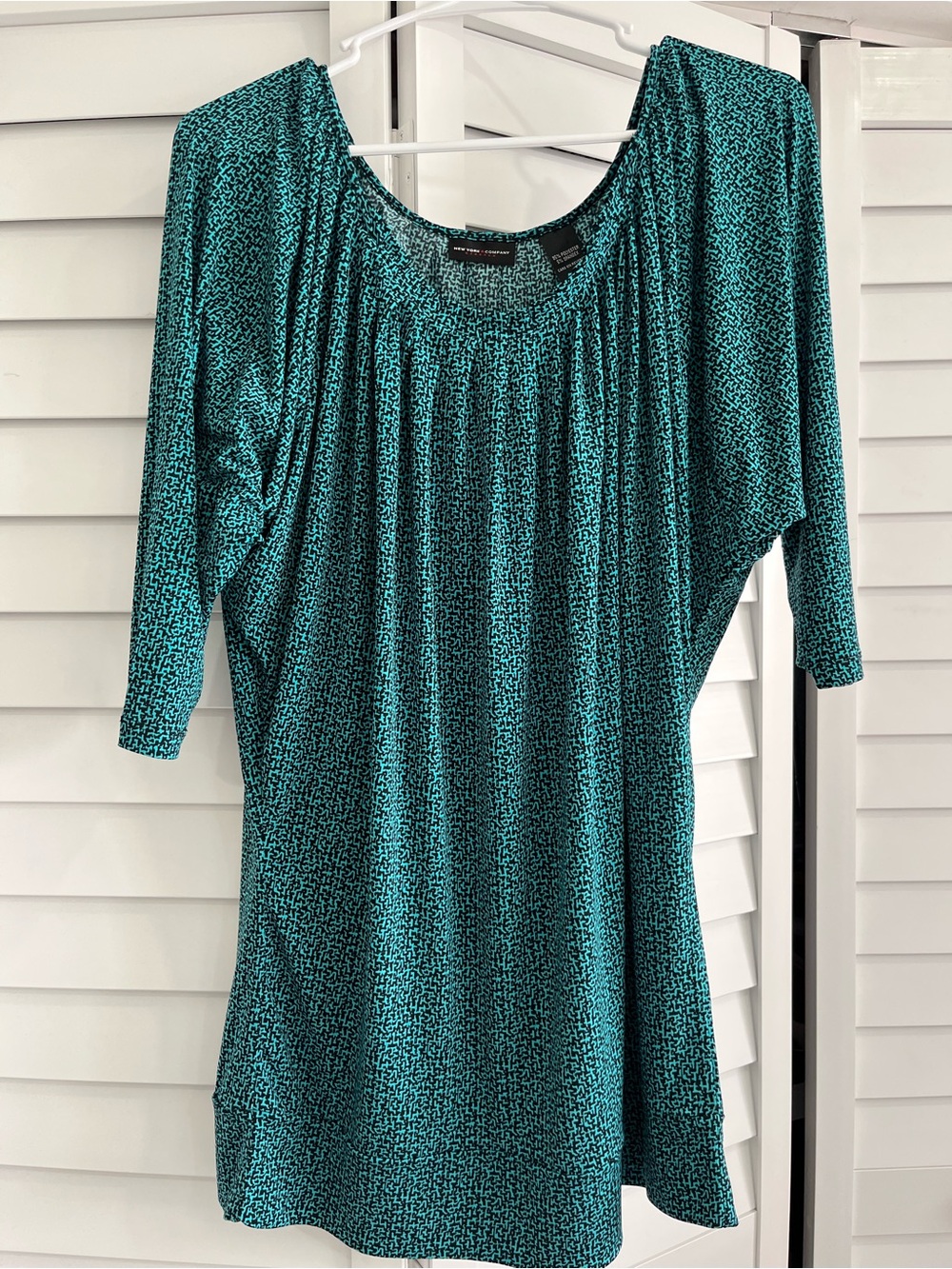 New York & Company Teal Printed Scoop Neck Blouse